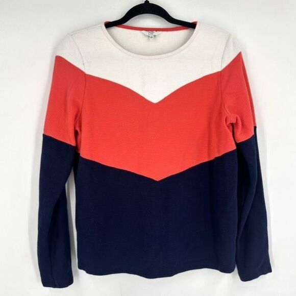 Crown & Ivy Ribbed Knit Colorblock LS Top Navy White Red Small Cotton Coastal - Picture 1 of 7